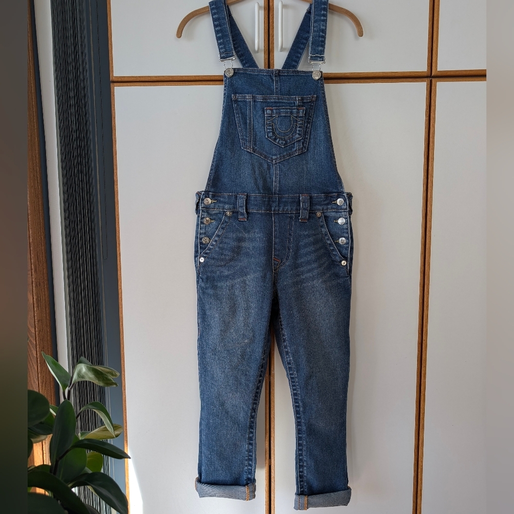 True Religion Halle Mid Rise Capri S Cropped Overalls Jeans Bibs